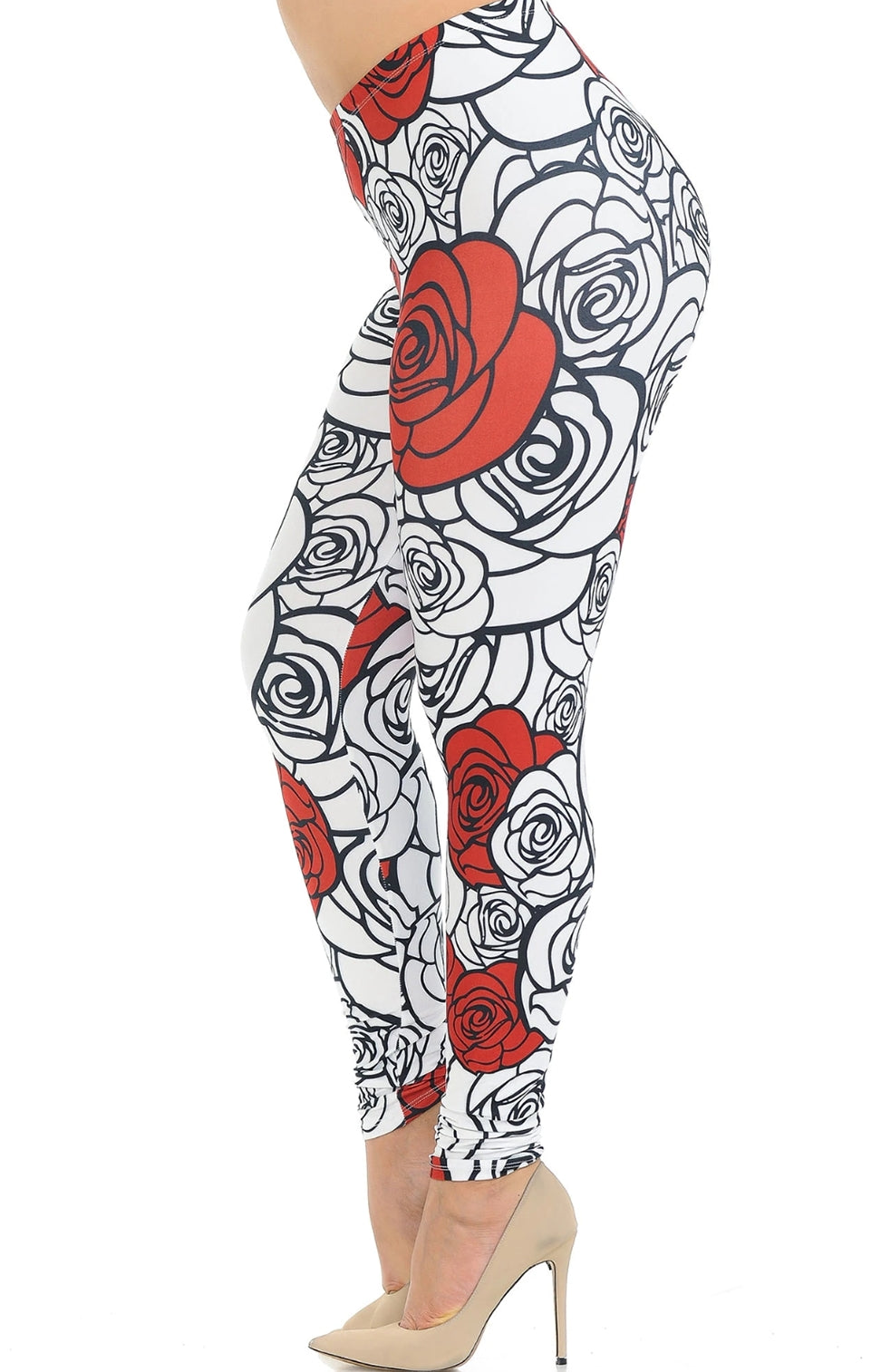 Creamy Soft Red Stencil Roses Leggings 