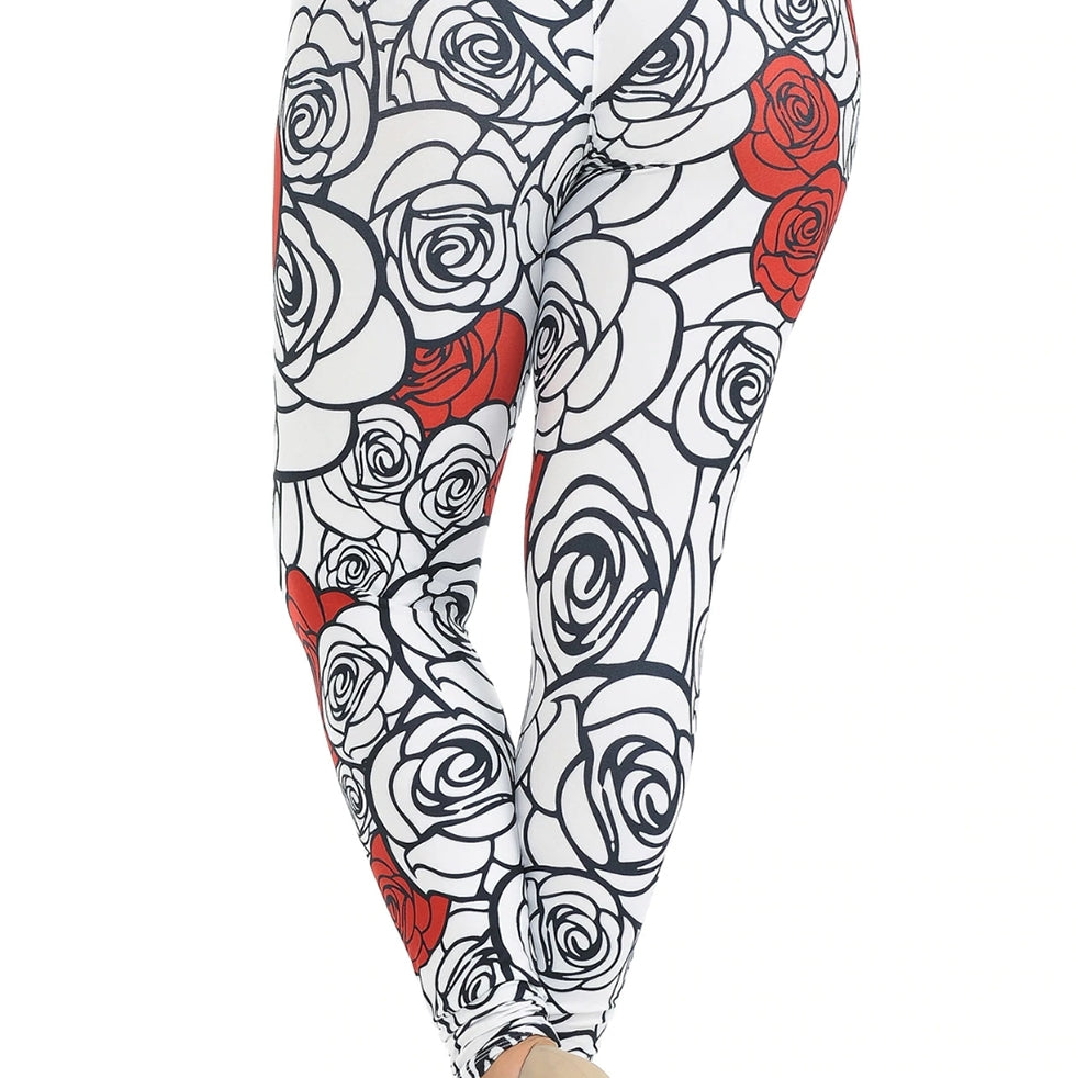 Creamy Soft Red Stencil Roses Leggings 