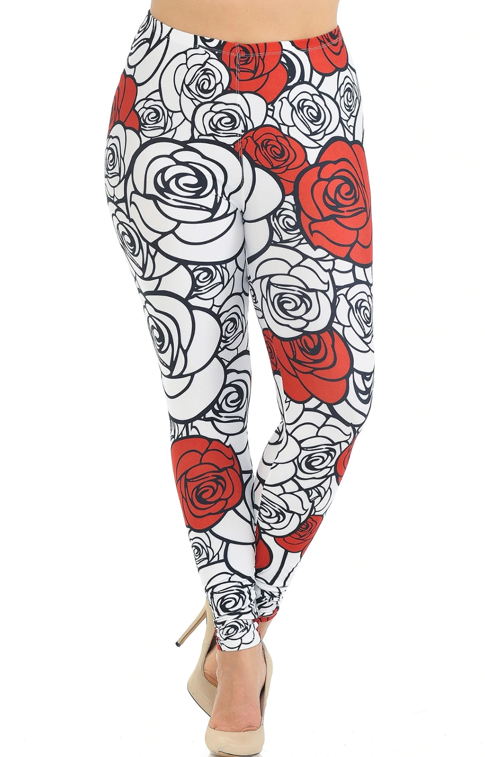 Creamy Soft Red Stencil Roses Leggings 