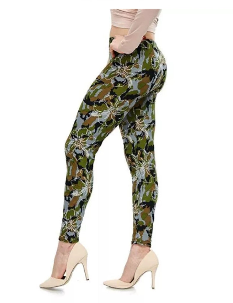 Camouflage and White Hibiscus Super Soft Leggings