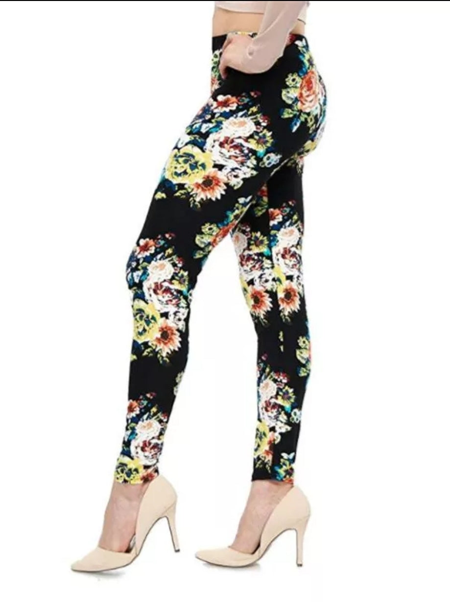 Floral on Black Buttery Soft Brushed Leggings