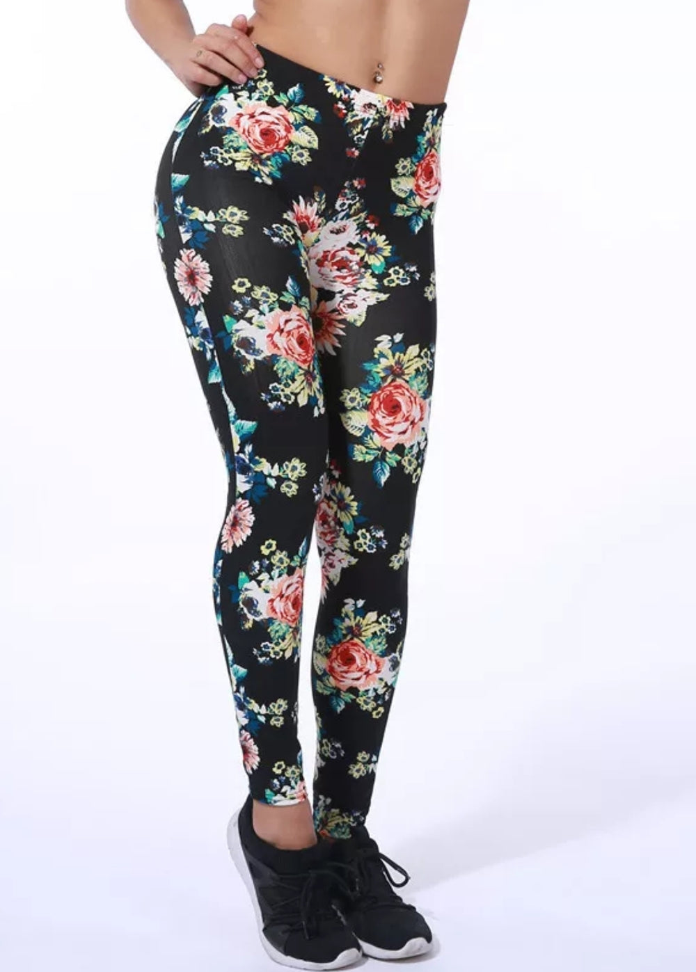 Floral on Black Buttery Soft Brushed Leggings