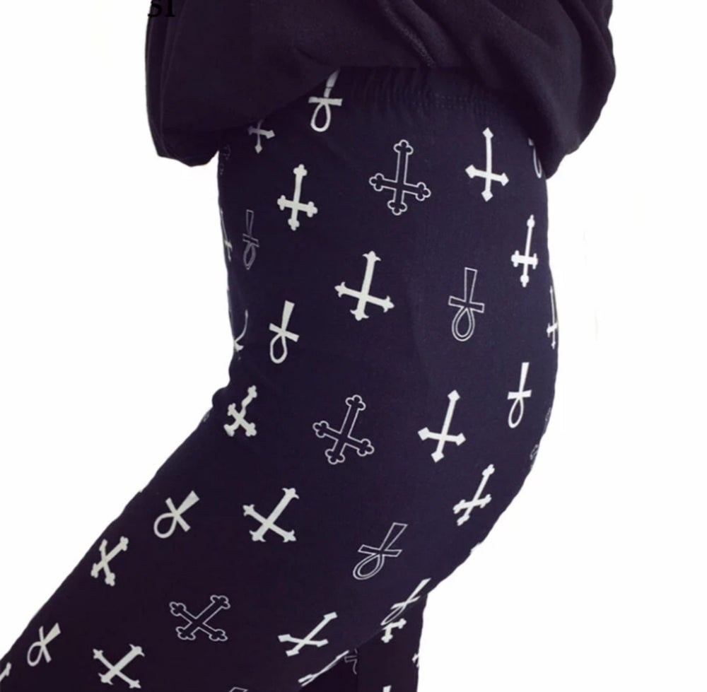 Cross & Ankh White on Black Buttery Soft Brushed Leggings