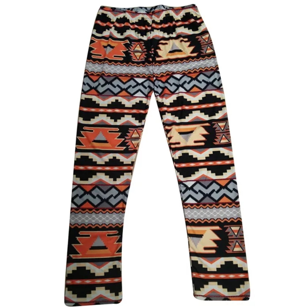 Orange Aztec-Inspired Geometric Super Soft Brushed Leggings