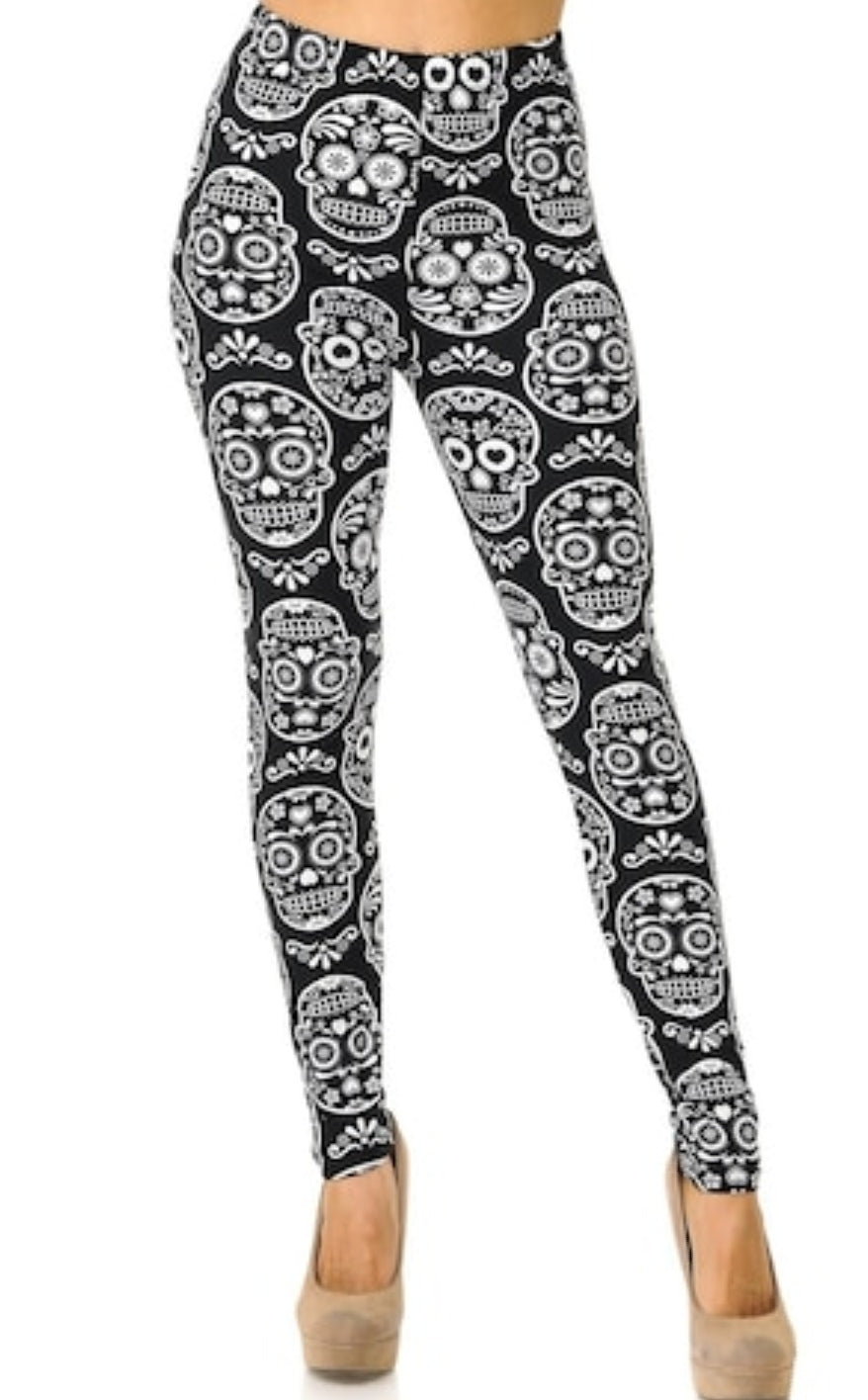 Symmetrical Black & White Sugar Skull Buttery Soft Brushed Leggings