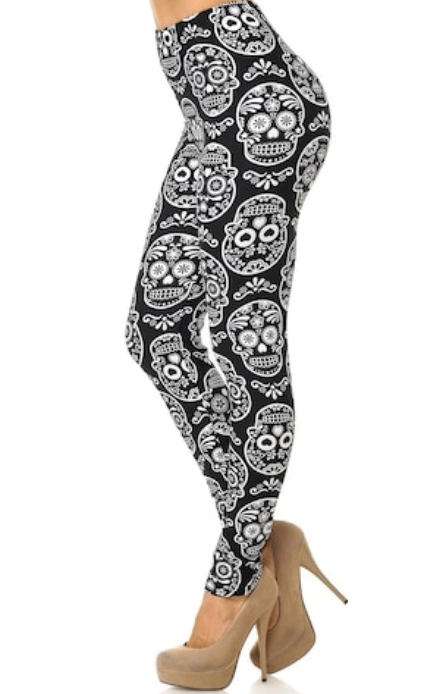 Symmetrical Black & White Sugar Skull Buttery Soft Brushed Leggings