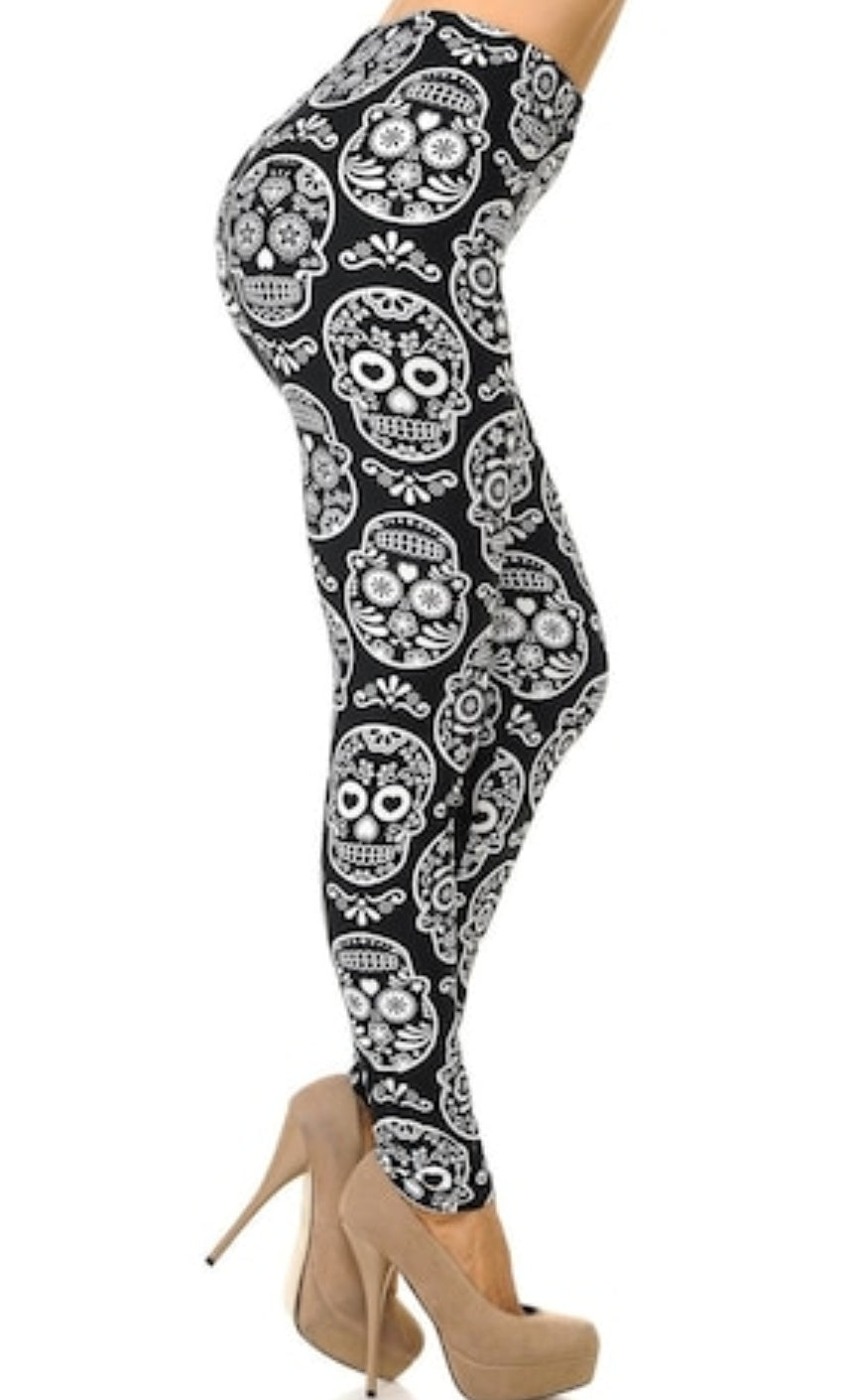 Symmetrical Black & White Sugar Skull Buttery Soft Brushed Leggings