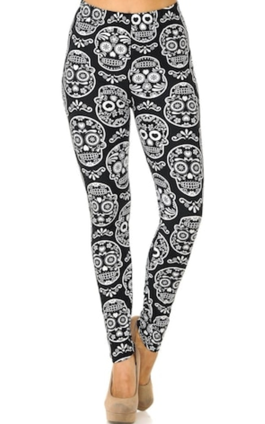 Symmetrical Black & White Sugar Skull Buttery Soft Brushed Leggings