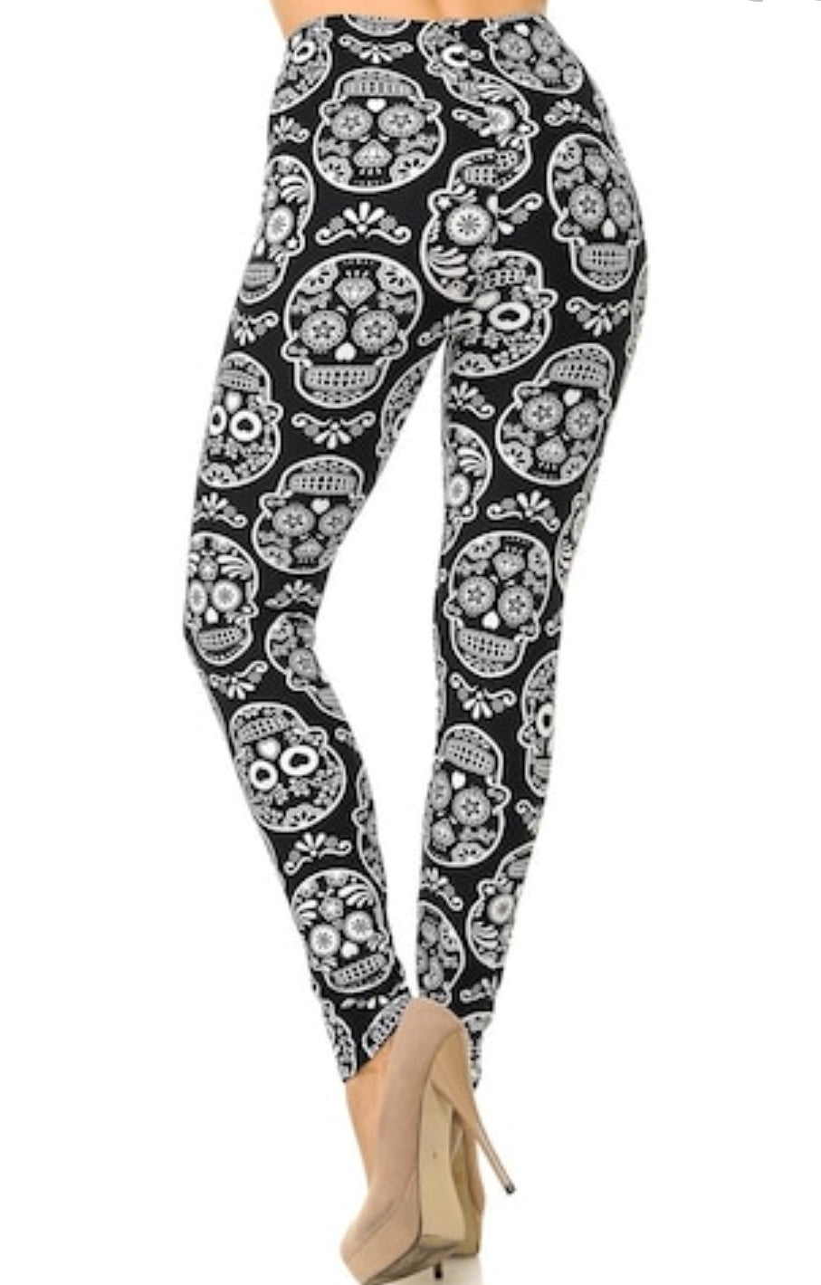 Symmetrical Black & White Sugar Skull Buttery Soft Brushed Leggings