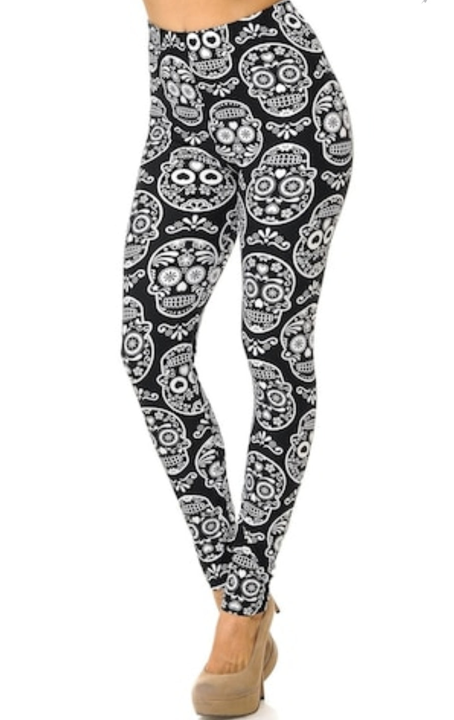 Symmetrical Black & White Sugar Skull Buttery Soft Brushed Leggings